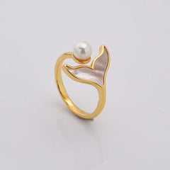 18K Gold Filled Shell Fishtail Ring with Half Perforated Pearl Holder, Mermaid Tail Open Ring, Stylish Open Ring, Whale Tail Pearl Ring, RG217