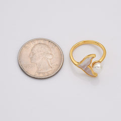 18K Gold Filled Shell Fishtail Ring with Half Perforated Pearl Holder, Mermaid Tail Open Ring, Stylish Open Ring, Whale Tail Pearl Ring, RG217