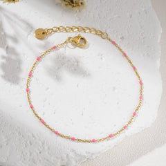 Gold Filled Pink Beaded Bracelet, Adjustable Dainty Chain, Minimalist Stainless Steel Jewelry for Women, Simple Stackable Gift, SBR042