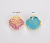 18K Gold Filled Dainty Teal and Magenta Openable Clam Shell Locket Pendant, Vintage Color Seashell Locket Charm, 24x22mm, CP1777
