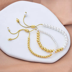 18K Gold Filled White Pearl Adjustable Bracelet, Mother Of Pearl Beaded Bracelet, Gold Bead Bracelet, Stackable Bracelet, Gift for Her, BR070