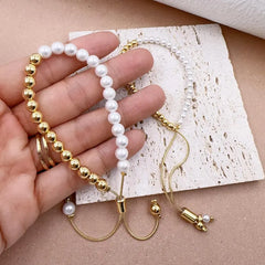 18K Gold Filled White Pearl Adjustable Bracelet, Mother Of Pearl Beaded Bracelet, Gold Bead Bracelet, Stackable Bracelet, Gift for Her, BR070