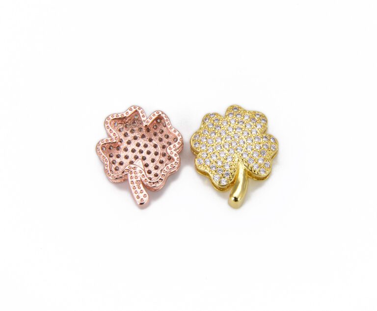 24K Gold Filled Four Leaf Clover Slider Beads CZ, Clover Slider Beads, Slider Beads, Slider Charms, Bead Bracelet, Cubic Zirconia, 18x15mm, BD006