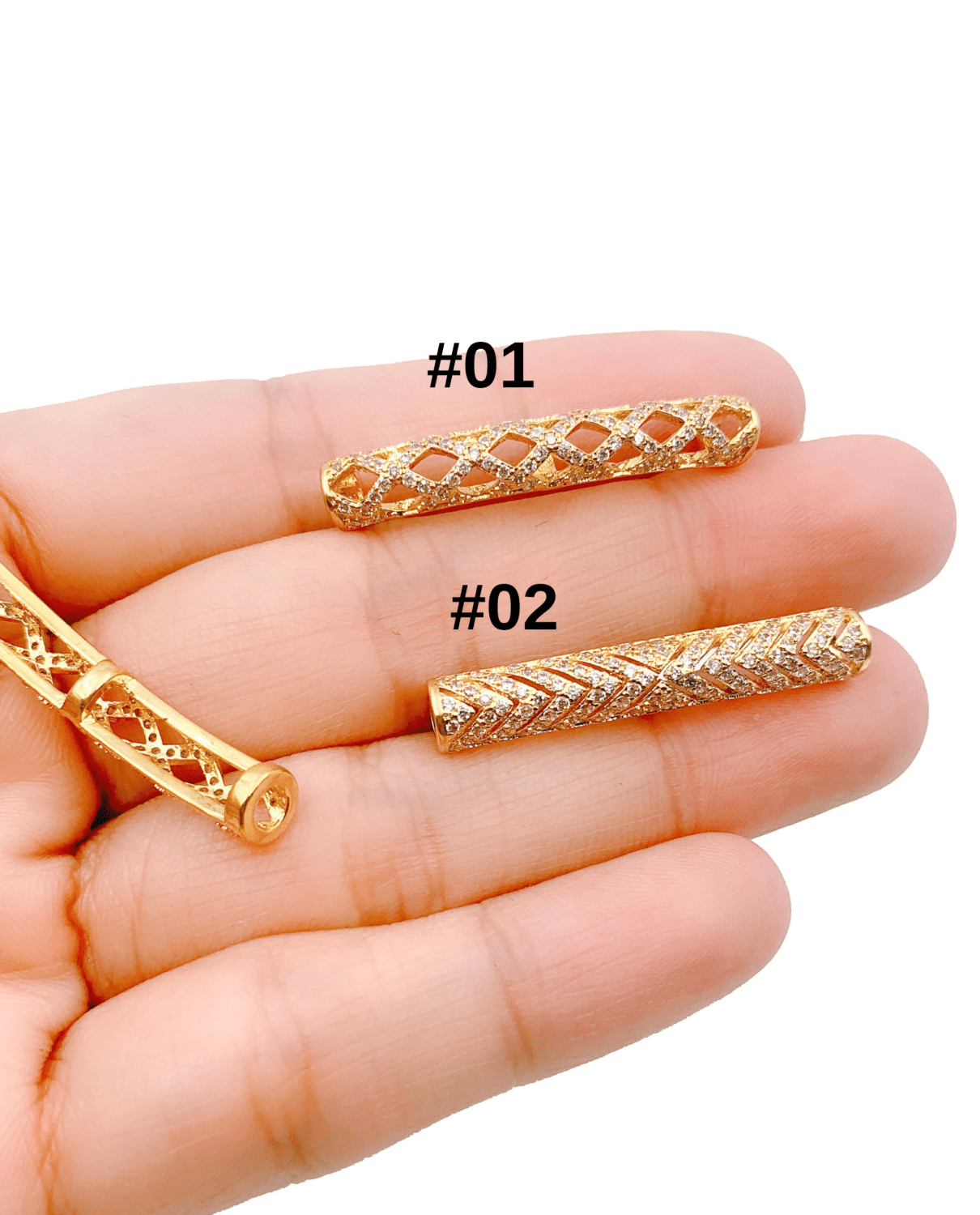 18K Gold Filled Long Curved Tube Necklace Beads CZ Micro Pave Curved Tube Beads for Jewelry, Cubic Zirconia Gold Beads 35x6mm, BD053