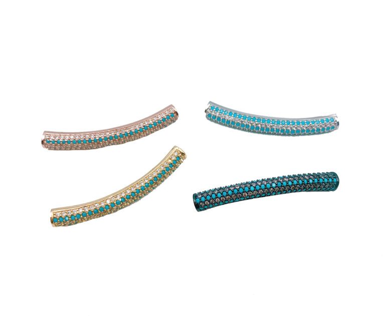 24K Gold Filled Turquoise CZ Curved Tube Bead, CZ Micro Pave Curved Tube Beads, Long Curve Tube for Bracelet/Necklace, Cubic Zirconia, 36x5mm, BD054