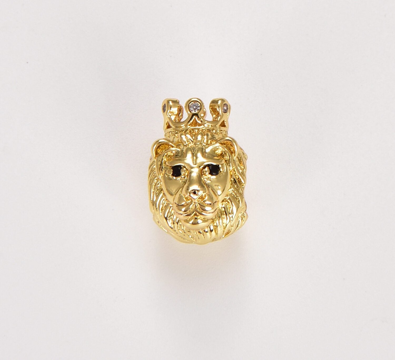 24K Gold Filled CZ King Crown Lion Head Spacer Beads, Micro Pave Cubic Zirconia Charm Beads, Large Hole Beads, Men’s Jewelry Findings, 14x10mm, BD069