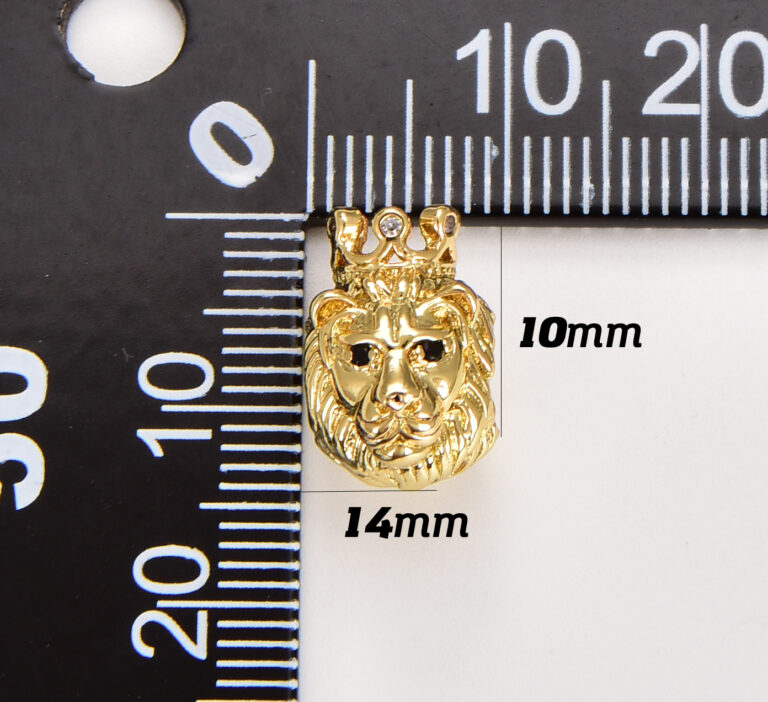 24K Gold Filled CZ King Crown Lion Head Spacer Beads, Micro Pave Cubic Zirconia Charm Beads, Large Hole Beads, Men’s Jewelry Findings, 14x10mm, BD069