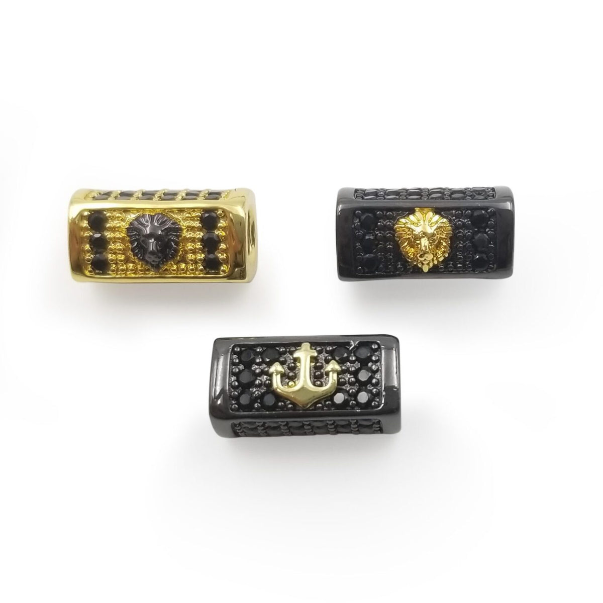 24K Gold Filled Lion Head/Anchor Bead, Tube Spacer Bead, Black CZ Pave Tube Spacer Beads for Men/Women Jewelry Making, 14mm, BD072