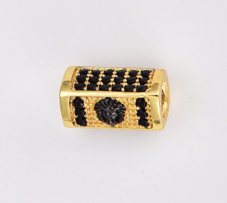 24K Gold Filled Lion Head/Anchor Bead, Tube Spacer Bead, Black CZ Pave Tube Spacer Beads for Men/Women Jewelry Making, 14mm, BD072