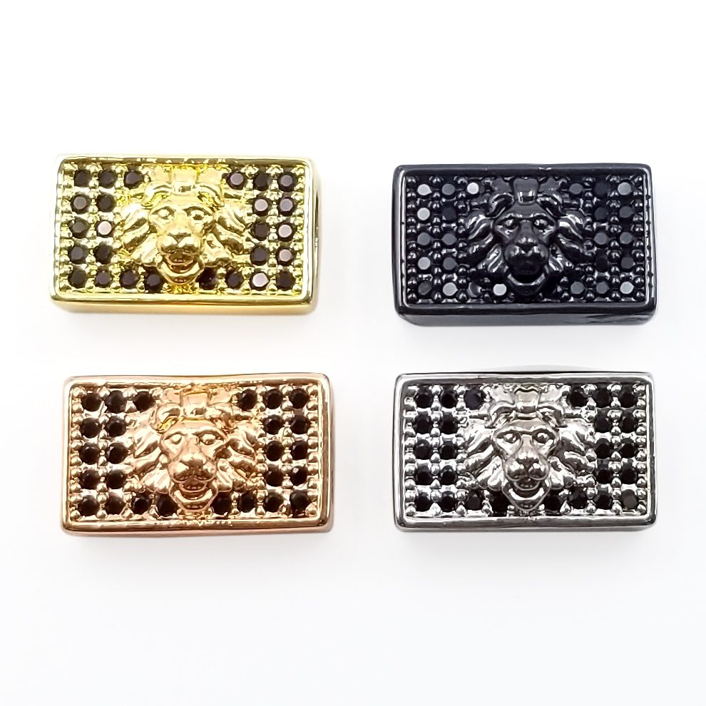 24K Gold Filled Black CZ Large Hole Embossment Lion Head Spacer Pave Beads, Cubic Zirconia Cuboid Spacer Beads, Men’s Bracelet Findings, 13x8mm, BD075