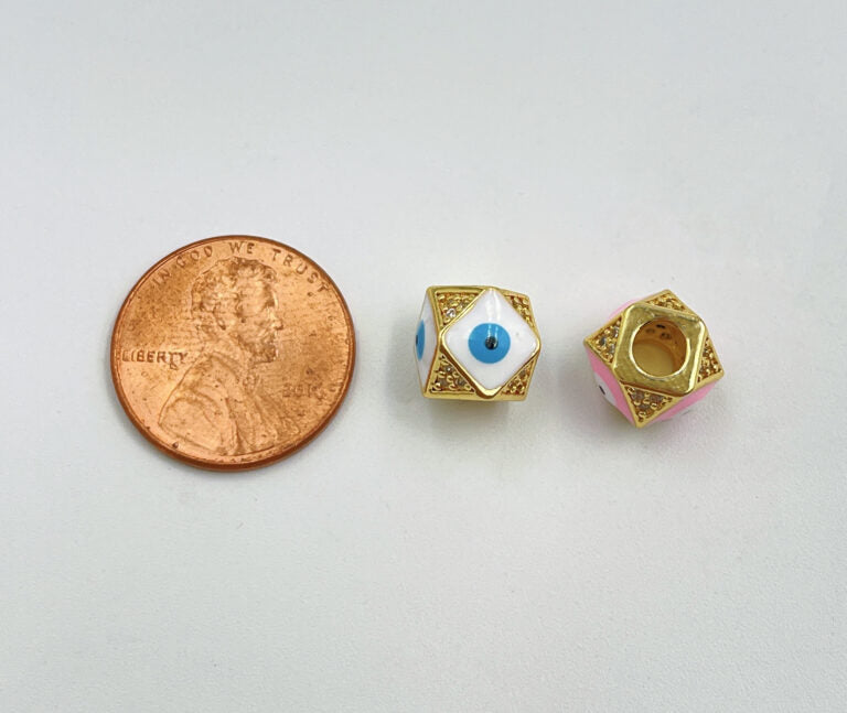 18K Gold Filled Evil Eye Beads, Dodecahedron Shape Beads, Blue White Enamel Evil Eye Spacer Bead Charm Connector for Bracelet, 11x8mm, BD114