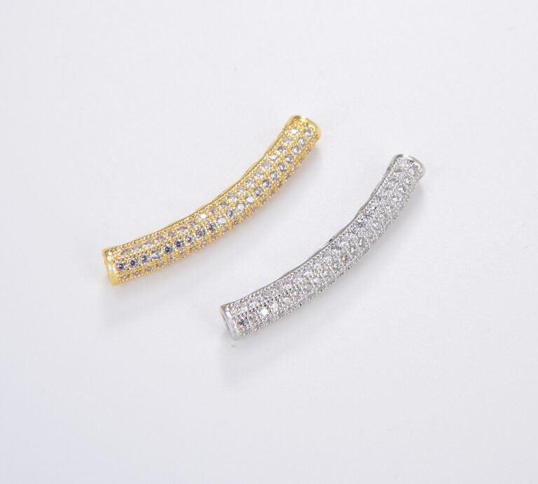 18K Gold Filled Curve Tube Bead, CZ Micro Pave Long Curve Tube for Bracelet Necklace, Cubic Zirconia Separator Tube, Tube Beads, BD600