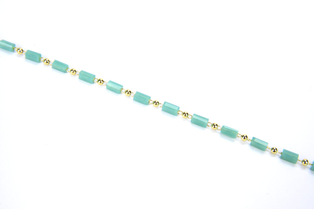 14K Gold Filled Green Turquoise Tube Beaded Rectangle Shape Rosary Chain, Gold Wire Wrapped Cylinder Bead Link Chain 3x5mm, CH019