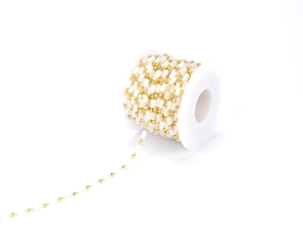 14K Gold Filled White Tube Quartz Crystal Faceted Rectangle Rosary Chain, Gold Wire Wrapped Cylinder Bead Link Chain Necklace 3x5mm, CH023