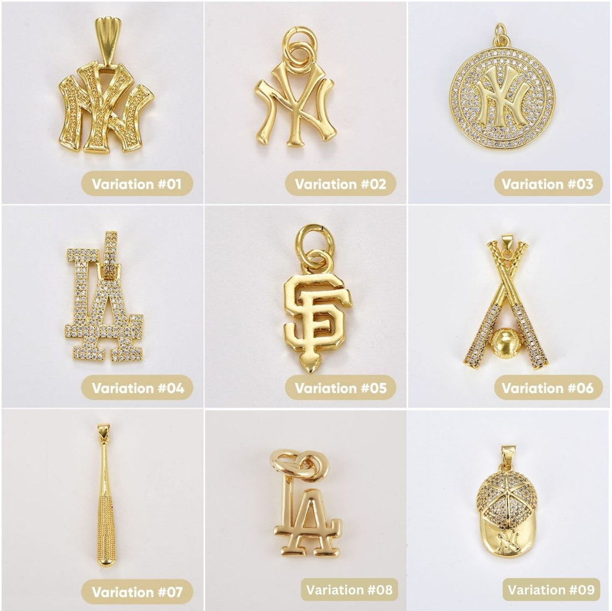 18K Gold Filled Baseball Fan Charm Pendant, NY Initial, LA Initial, SF Initial, Baseball Bat and Ball Charm, CPBatch61