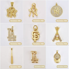 18K Gold Filled Baseball Fan Charm Pendant, NY Initial, LA Initial, SF Initial, Baseball Bat and Ball Charm, CPBatch61