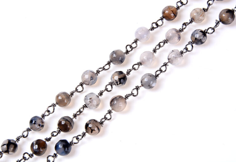 Dragon Vein Agate Faceted Round Beaded Chain, Black Rhodium Gunmetal Finish, Bulk Chain, Beaded Chain, 6mm, 1/3/10 Feet, CH088