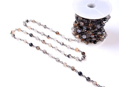 Dragon Vein Agate Faceted Round Beaded Chain, Black Rhodium Gunmetal Finish, Bulk Chain, Beaded Chain, 6mm, 1/3/10 Feet, CH088