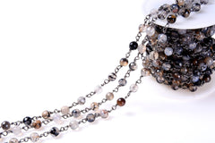 Dragon Vein Agate Faceted Round Beaded Chain, Black Rhodium Gunmetal Finish, Bulk Chain, Beaded Chain, 6mm, 1/3/10 Feet, CH088