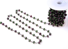 Ruby Zoisite Faceted Rondelle Beaded Chain, Gunmetal Finish, Beaded Chain, Bulk Chain, Unfinished Chain, 8x5mm, 1/3/10 Feet, CH090