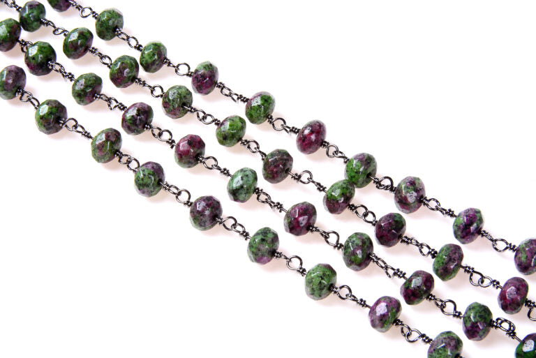 Ruby Zoisite Faceted Rondelle Beaded Chain, Gunmetal Finish, Beaded Chain, Bulk Chain, Unfinished Chain, 8x5mm, 1/3/10 Feet, CH090