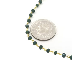 22K Gold Filled Green Crystal Beaded Chain, Emerald Jade Faceted Beads Rosary, Wire Wrapped Rosary Chain by Foot, 2mm, CH115