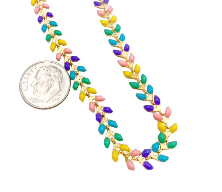 14K Gold Filled Multicolor Feather Chevron Chain Brass in Enamel, Enamel Beaded Chain by Foot/Yard, 6mm, CH117