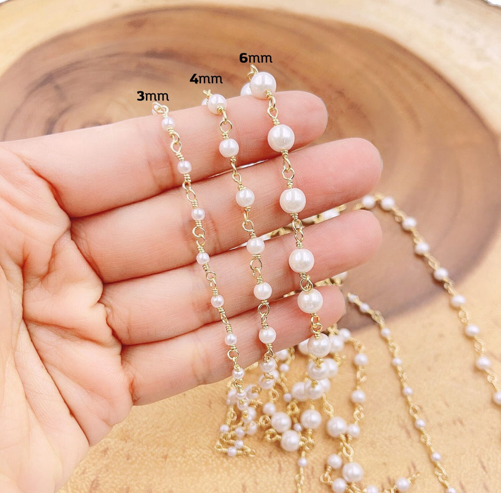 14K Gold Filled Pearl Chain, White Pearl Rosary Chain, Bulk Chain, Rondelle Glass Beads, Beaded Chain, Necklace Chain, CH155