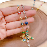 14K Gold Filled Evil Eye Choker Necklace Multicolor Enamel Beaded Layering Chain, Evil Eye with Clover Chain necklace bracelet, 7mm, CH161