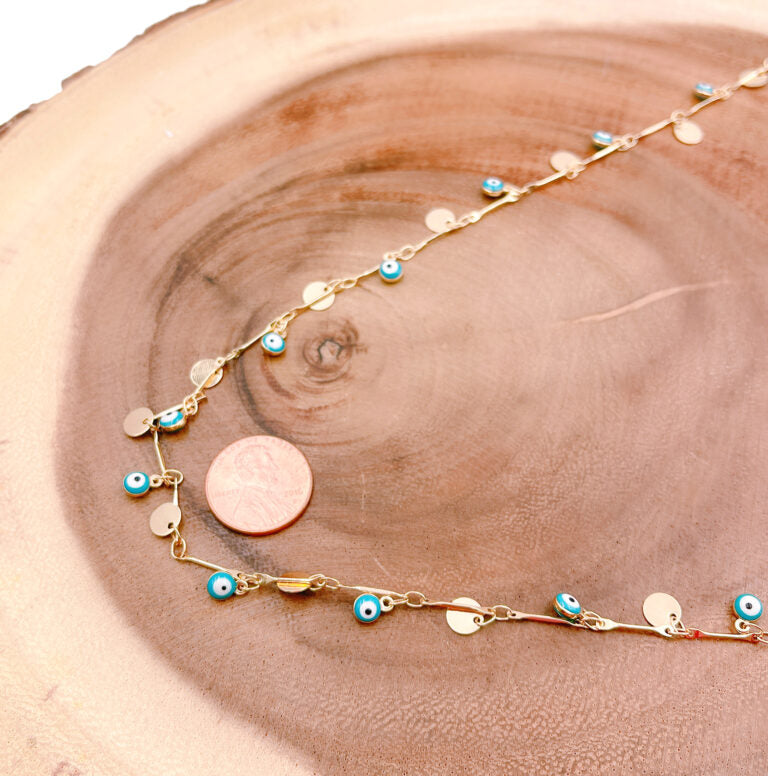 18K Gold Filled Evil Eye Disc Chain, 6mm Shiny Gold Coin Chain, Coin Bracelet Chain, Evil Eye Beaded Chain, CH174