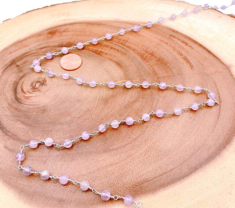 Natural Lavender Amethyst Beaded Chain By Foot, White Gold Chain for Jewelry Making, Beaded Rosary, Bulk Wholesale, 6mm, CH180