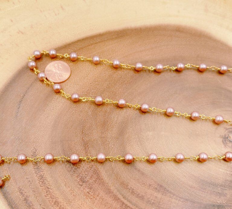 18K Gold Filled Pink Shell Pearl Beaded Chain By Yard, Chain for Jewelry Making, Beaded Chain, Bulk Wholesale for Necklace Bracelet, CH200