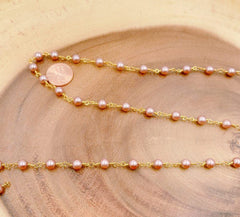 18K Gold Filled Pink Shell Pearl Beaded Chain By Yard, Chain for Jewelry Making, Beaded Chain, Bulk Wholesale for Necklace Bracelet, CH200