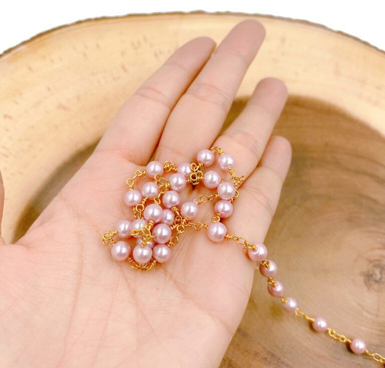 18K Gold Filled Shell Pearl Beaded Chain by Yard, Pink/Peacock Wholesale Bulk Roll Beaded Chain Necklace Bracelet Jewelry Making, CH202