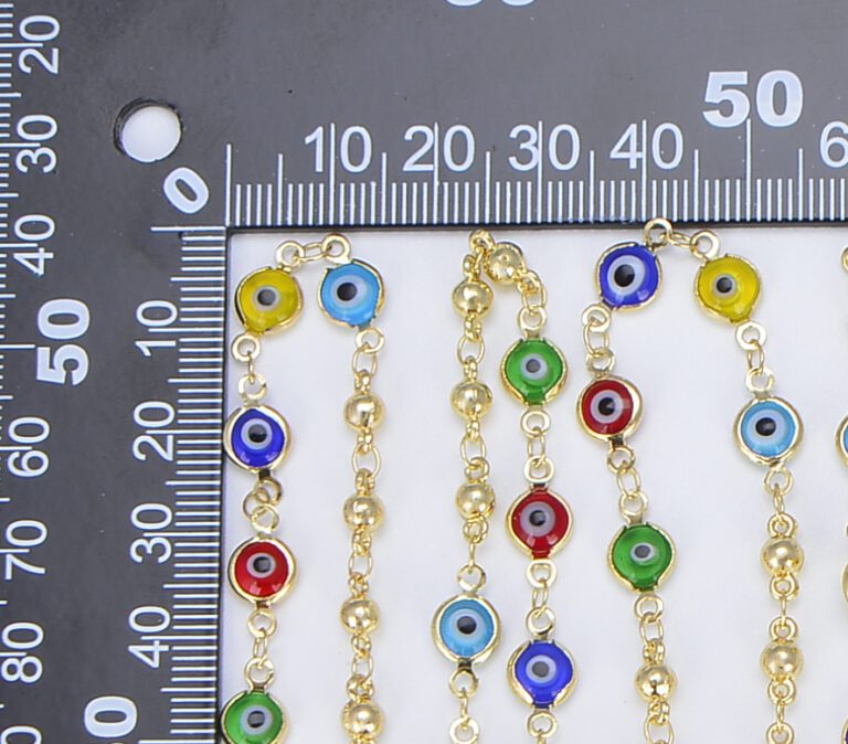 18K Gold Filled Evil Eye Beaded Chain by Yard, Multicolor Enamel Evil Eye Choker Necklace Wholesale Bulk Roll Chain for Jewelry Making CH218