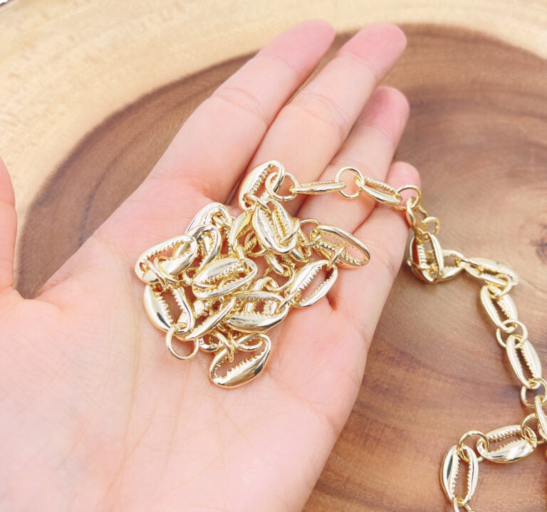 18K Gold Filled Cowry Shell Bead Chain by Yard/Foot, Cowrie Shell Charm, Jewelry Supplies, Craft Supplies, Over Brass Chain, CH268