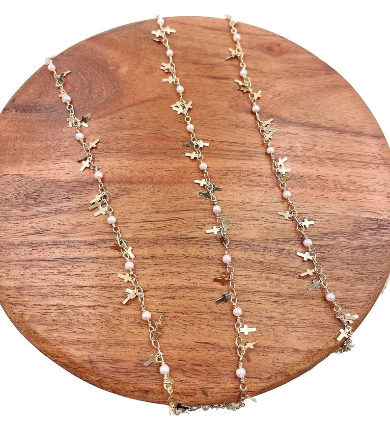 18K Gold Filled Pearl Cross Chain Necklace, Pearl Beaded Chain by Yard, Cross Chain by Foot, Rosary Chain, Wholesale Bulk Roll Chain for Jewelry Making, CH285