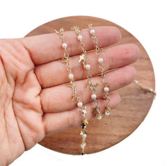 18K Gold Filled Pearl Cross Chain Necklace, Pearl Beaded Chain by Yard, Cross Chain by Foot, Rosary Chain, Wholesale Bulk Roll Chain for Jewelry Making, CH285