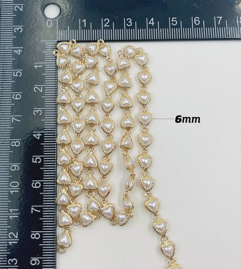 18K Gold Filled Heart Pearl Chain by Yard, Pearl Chain by Foot, White Pearl Wholesale Bulk Roll Chain for Jewelry Making, CH296