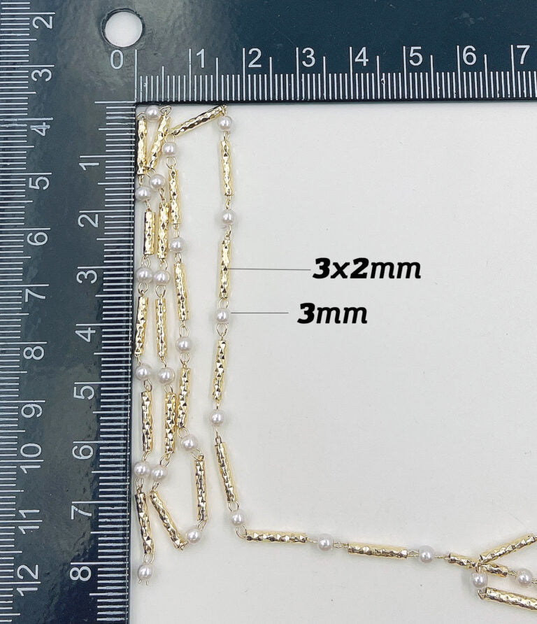 18K Gold Filled Heart Pearl Chain by Yard, Pearl Chain by Foot, White Pearl Wholesale Bulk Roll Chain for Jewelry Making, CH296