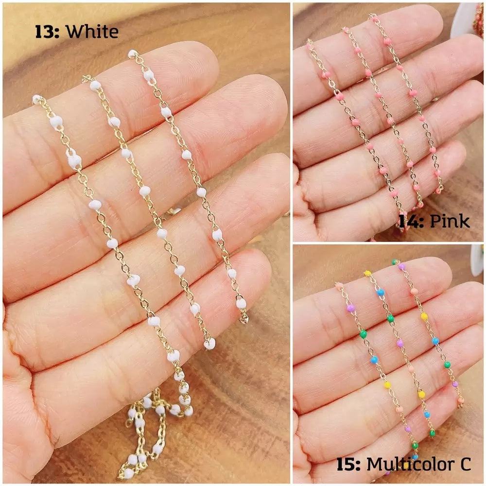 18K Gold Filled Enamel Ball Chain, Satellite Bead Cable Chain Pink Blue White Multi Color Wholesale Bulk Chain on Spool, Gold Filled Link Cable Chain CH302