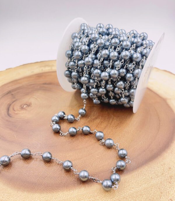 Grey Tahitian Shell Pearl Silver Finish by Yard, Dainty Beaded Gray Round Shell Pearls Chain by Foot, Jewelry Making Supply, CH309