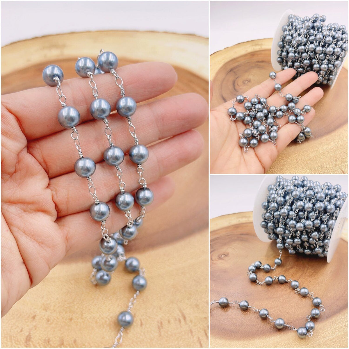 Grey Tahitian Shell Pearl Silver Finish by Yard, Dainty Beaded Gray Round Shell Pearls Chain by Foot, Jewelry Making Supply, CH309