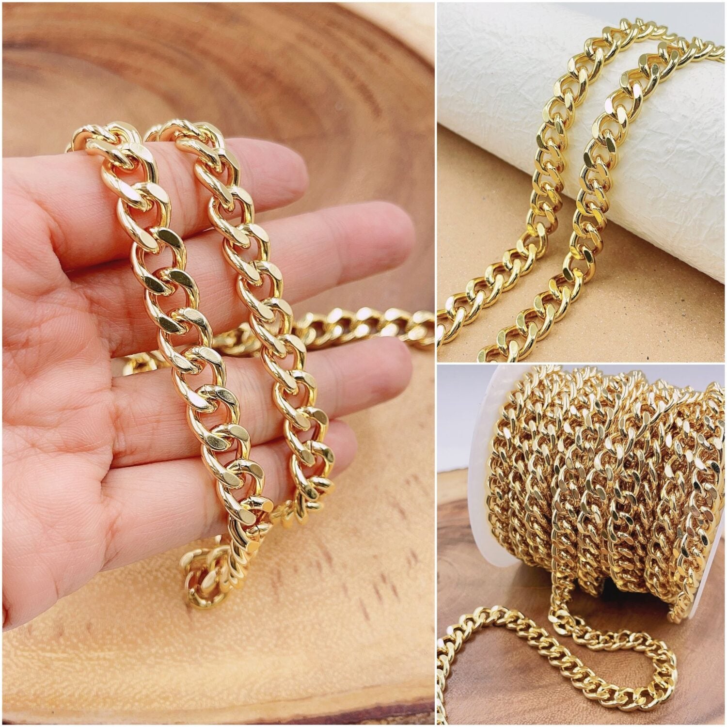 18K Gold Filled Cuban Curb Link Chain by Yard, Heavy Thick 3mm Curb Chain by Foot, Unfinished Curb Chain for DIY Jewelry Making, 10MM, CH311