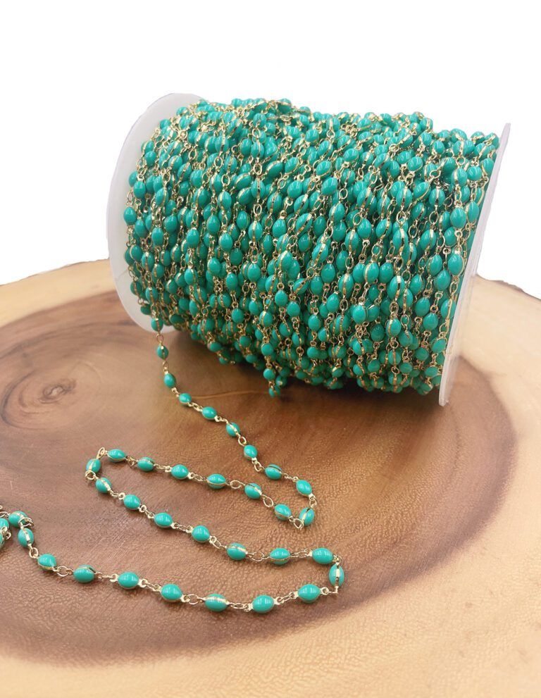 18K Gold Filled Dainty Turquoise Green Beaded Chain by Yard, Beaded Chain by Foot, Wholesale Bulk Roll Chain for Jewelry Making, CH313