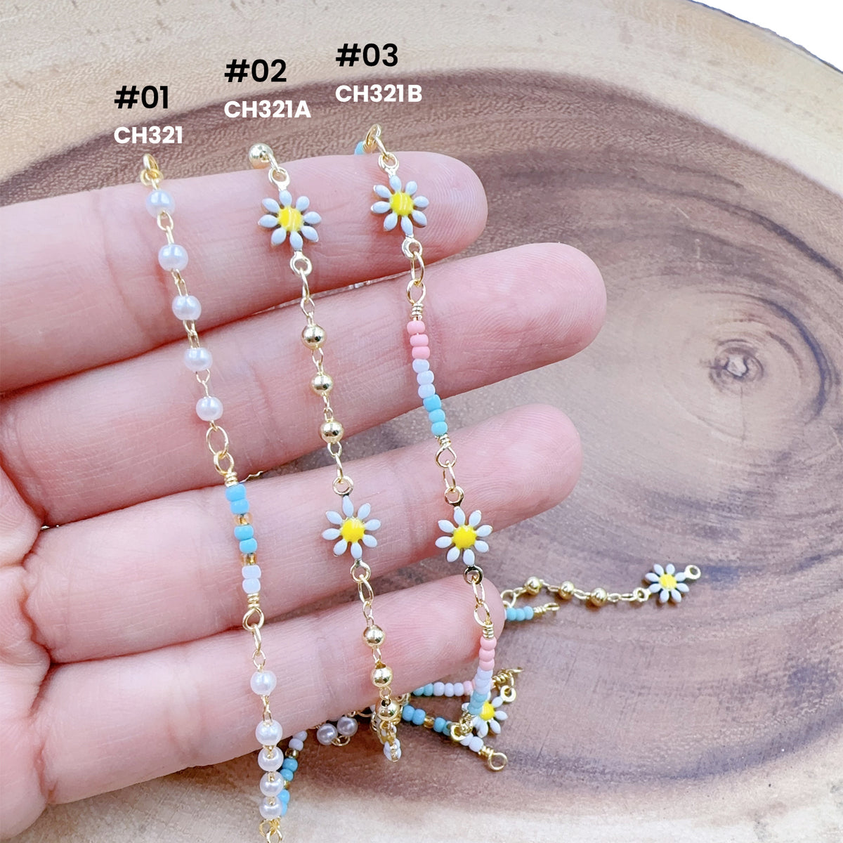 18K Gold Filled Enamel Daisy Flower Chain by Foot, Seed Bead Pearl Chain by Yard for Necklace Bracelet Jewelry Making Supply, CH321