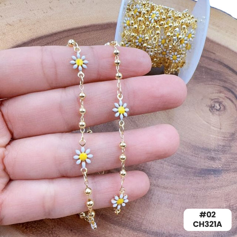 18K Gold Filled Enamel Daisy Flower Chain by Foot, Seed Bead Pearl Chain by Yard for Necklace Bracelet Jewelry Making Supply, CH321A