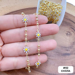 18K Gold Filled Enamel Daisy Flower Chain by Foot, Seed Bead Pearl Chain by Yard for Necklace Bracelet Jewelry Making Supply, CH321