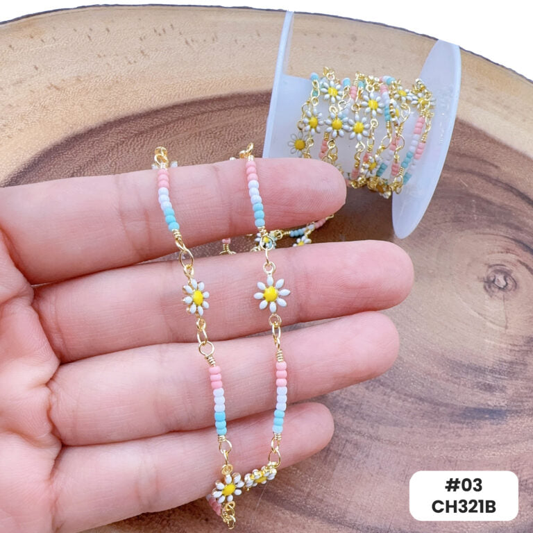 18K Gold Filled Enamel Daisy Flower Chain by Foot, Seed Bead Pearl Chain by Yard for Necklace Bracelet Jewelry Making Supply, CH321