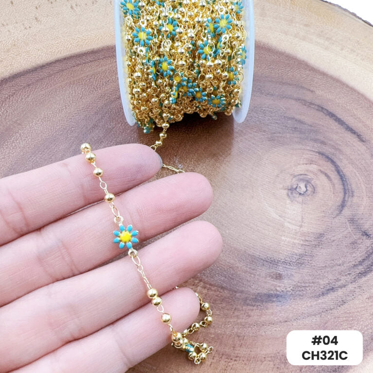 18K Gold Filled Enamel Daisy Flower Chain by Foot, Seed Bead Pearl Chain by Yard for Necklace Bracelet Jewelry Making Supply, CH321